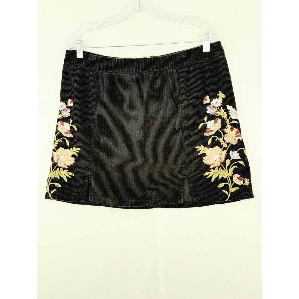 American Eagle Corduroy Mini Skirt Size 14 Womens Black Embroidered Back Zipper